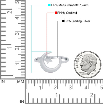 Moon and Star Oxidized Band Solid 925 Sterling Silver Thumb Ring (12mm)